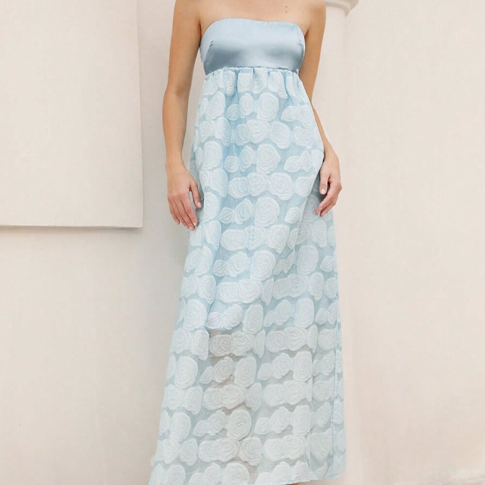 Blue Elegant Women's Satin Jacquard Dress - Picture 3 of 6